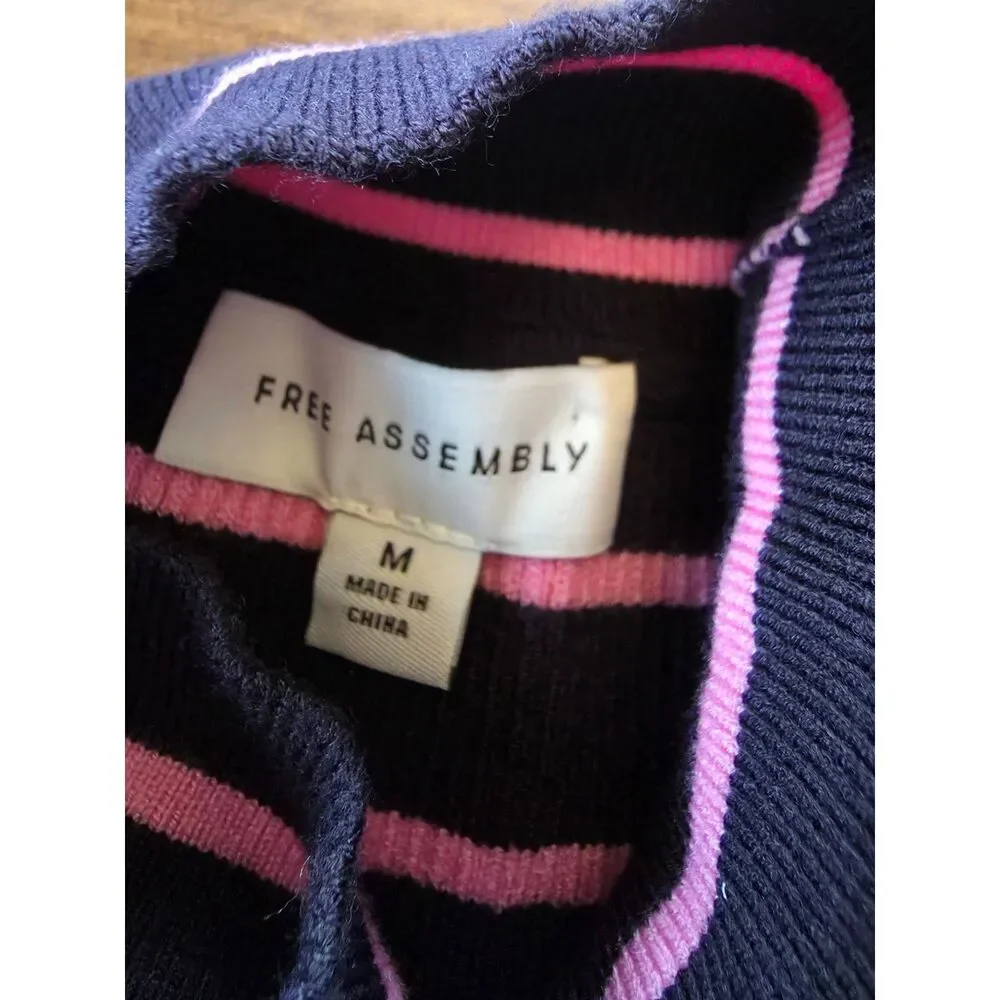 Free Assembly Striped Turtleneck Sweater Black Pink Ribbed Short Sleeve Top M - Picture 4 of 8
